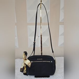 Michael Kors Black Nylon Crossbody Bag Gold Hardware Chain Strap + Scarf Accent